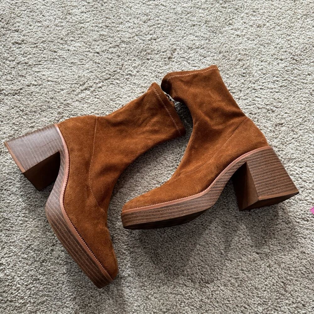 Lulus Hughez Brown Faux Suede Platform Mid Calf Boot Women’s Size 8 Chunky Heel - Picture 2 of 11